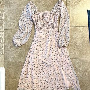 WAYF floral pink chiffon midi dress puff sleeves